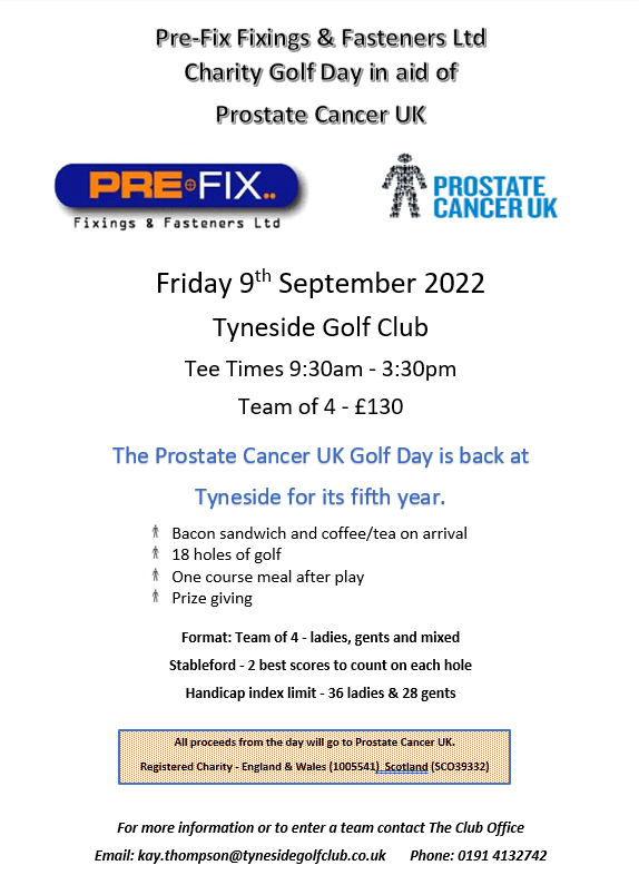 TynesideGC's tweet photo. Date for your diary....
Friday 9th September 2022 sees the return of the Prostate Cancer UK charity golf day at Tyneside.
Now in its fifth year, the events have so far raised an amazing £18,100 for Prostate Cancer UK.
Contact the club office to book your team in. https://t.co/uIjZbcd6VJ