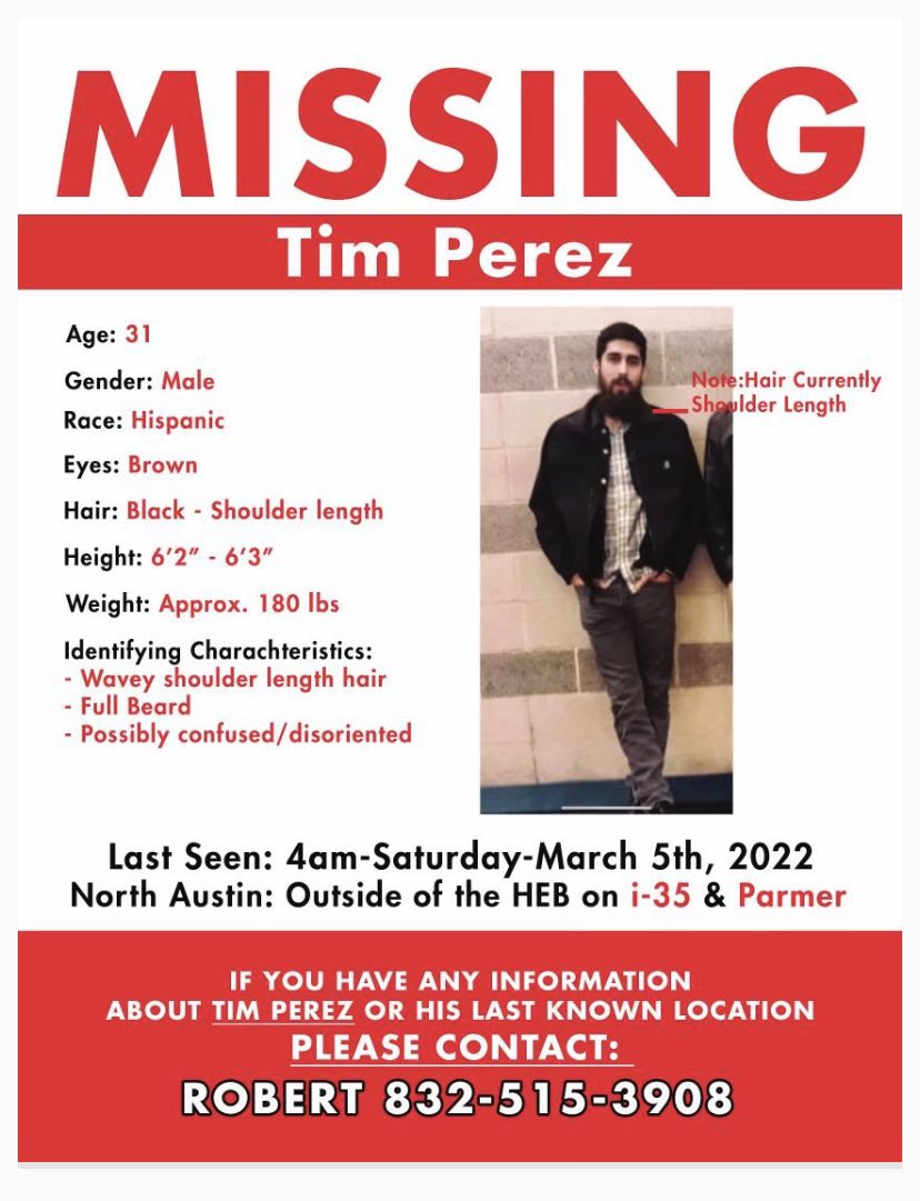 TrueCrimeSister's tweet photo. 🚨🚨#MISSING #Texas #SHAREtoHELP #TimothyPerez
Authorities need your help to find a missing 31-year-old-man last seen in Austin, Texas on March 5.
#TimothyPerez, 31, was last seen Saturday near the intersection of I-35 and W. Parmer Ln. by Austin police. https://t.co/i7kMRrWnRp