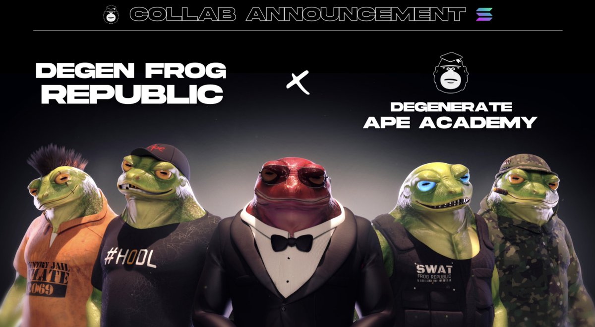 degenfrogrepub's tweet photo. UNITED: Degen Apes and Degen Frogs!

We partnered up with @DegenApeAcademy  for a collab!

Frogs and Apes swimming in the same pond🐸🐵
Limited WL spots for selected apes👀

LFG🚀

#SolanaNFTs https://t.co/iNSfaZbFRi