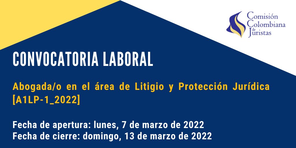Coljuristas's tweet photo. #ConvocatoriaLaboral | Abrimos convocatoria para abogada/o en el área de Litigio y Protección Jurídica [A1LP-1_2022].

Conozca los términos de referencia:
https://t.co/IsJFlcDhyZ

#TrabajoSíHay https://t.co/peMTVVLcHc
