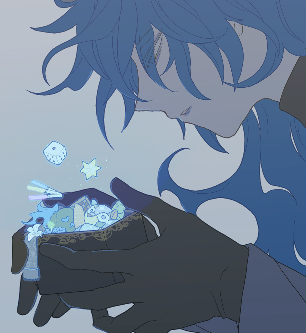 male focus blue hair gloves long hair 1boy simple background black gloves  illustration images