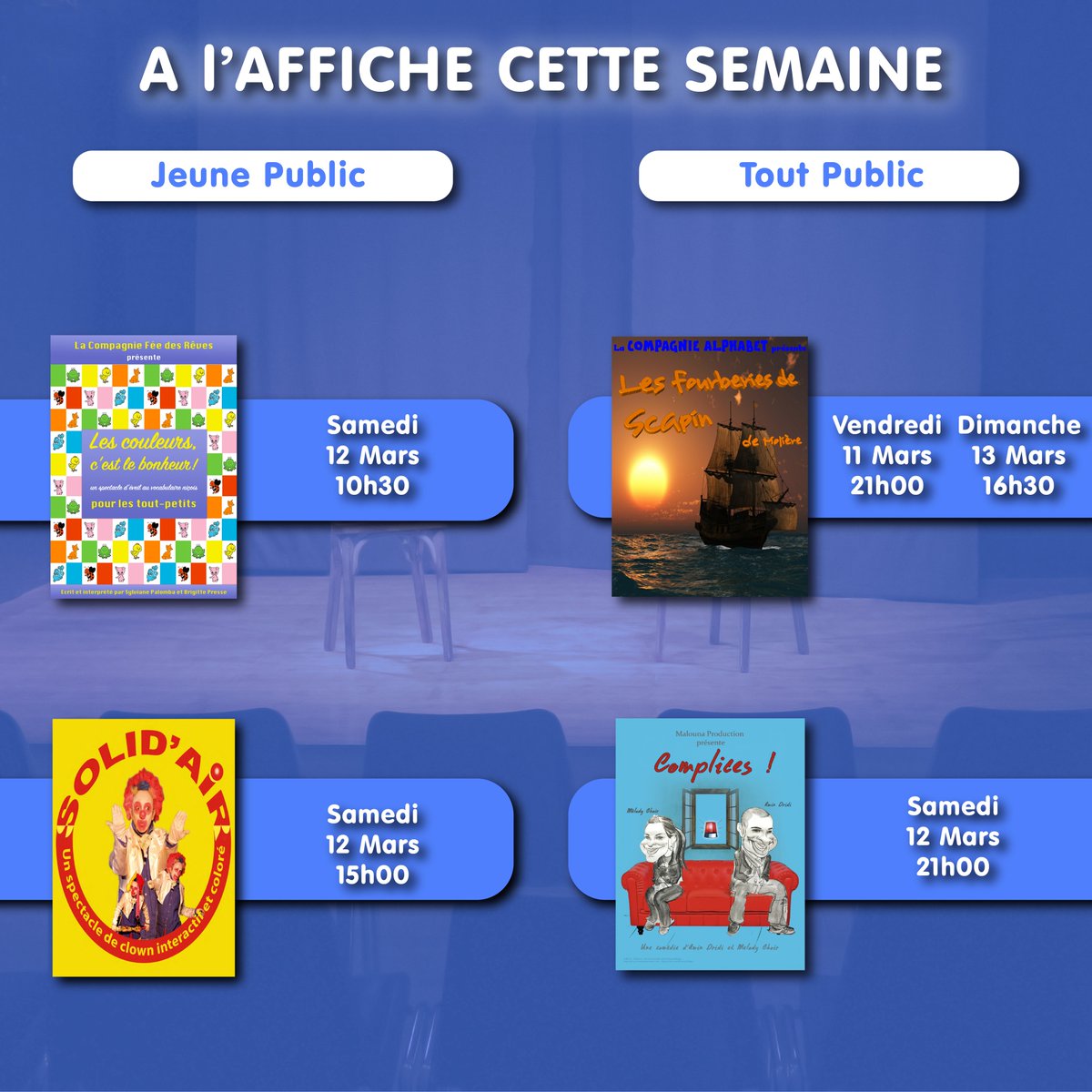 Cette semaine au <a href="/Th_Alphabet/">Théâtre L'Alphabet</a> un grand classique et une création sont à l'affiche. Pour les enfants, deux aventures sont programmées.
⚠️ N’oubliez pas de réserver vos places !!
➡️ spectacle-nice.mapado.com