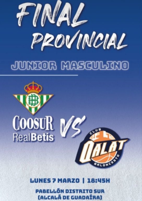 Esta tarde tenemos fiesta del Baloncesto de formación <a href="/SevillaFaB/">FAB Sevilla</a>. Gran final junior masculino entre <a href="/CBQalat/">Club Baloncesto Qalat</a>  y  <a href="/RealBetisBasket/">Real Betis Baloncesto</a> . Una gran oportunidad de disfrutar de algunos de los mejores jugadores de la generación 2004/05
