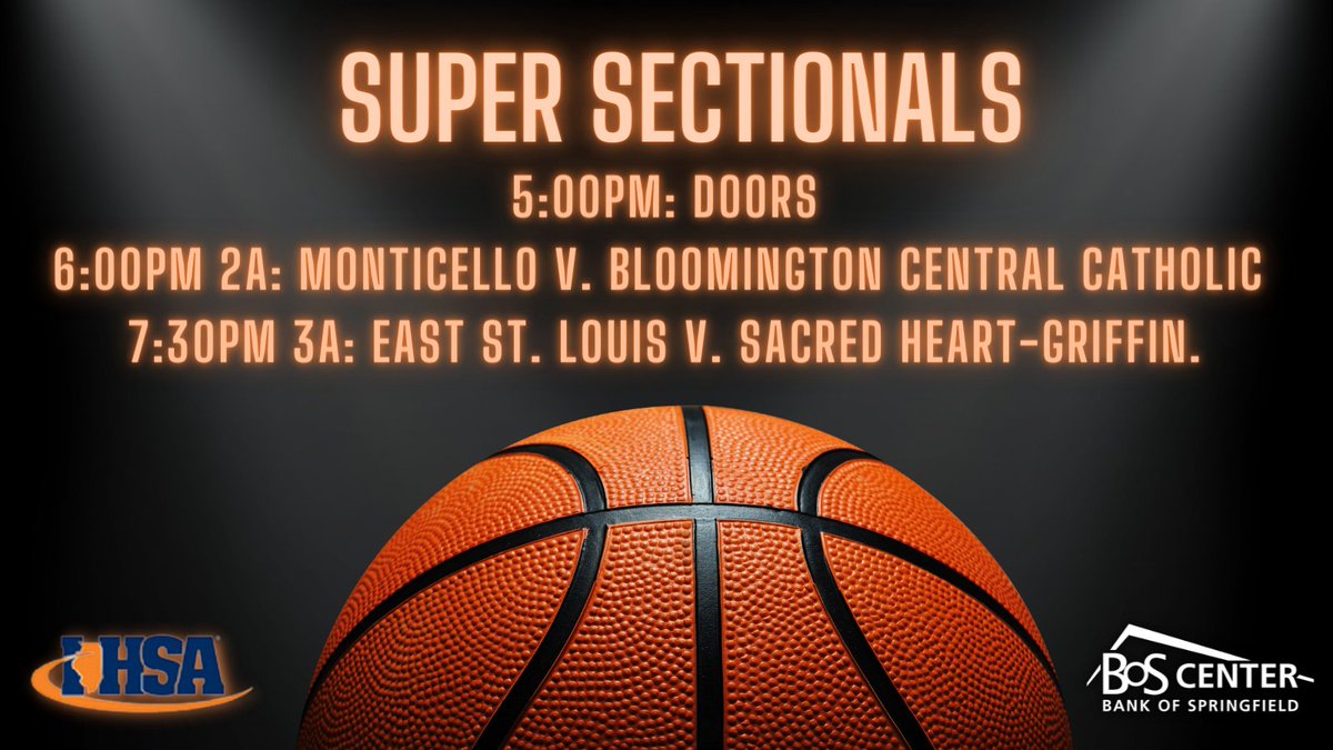 Exciting night here at <a href="/theboscenter/">The BOS Center</a> for Super Sectionals! All tickets $10- good for both games. Available at our box office or online at: ticketmaster.com/event/07005C5C…
•6:00p 2A: Monticello v. Bloomington Central Catholic 
•7:30p 3A: East St. Louis v. Sacred Heart-Griffin