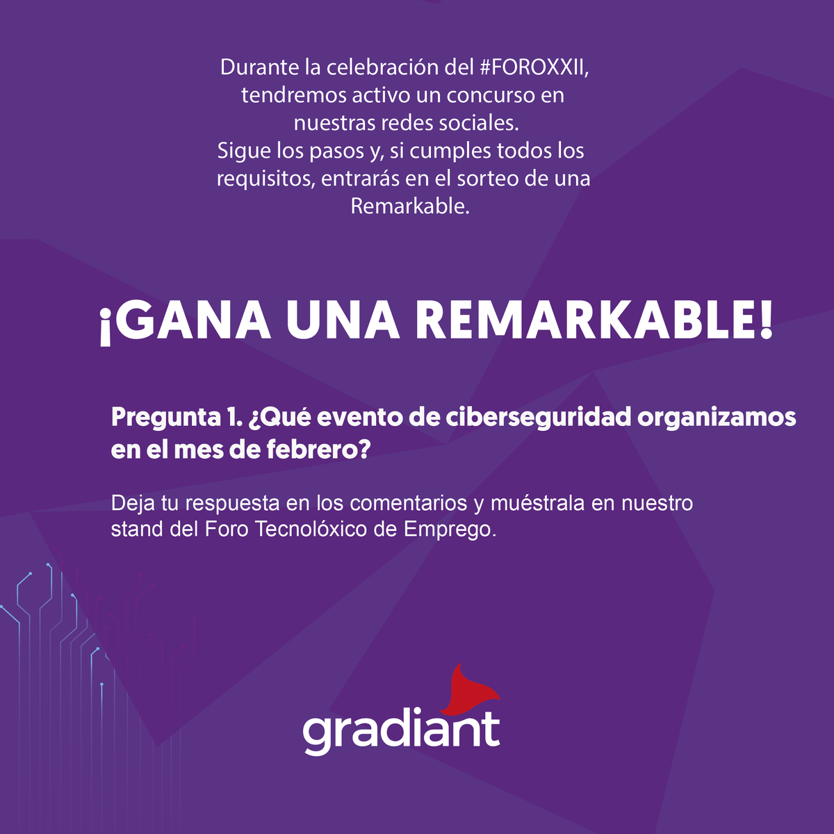 Gradiant's tweet photo. ¡Participa en nuestro Trivia y llévate un 🎁Remarkable en el @forodeemprego!  Deja la respuesta en comentarios y hazle una captura. Del 9 al 11 acércate a nuestro stand en el #FOROXXII, enseña la captura y participa en el sorteo. 🤗
➡https://t.co/jnKXC1WwqW https://t.co/nHLZ7aKCdn