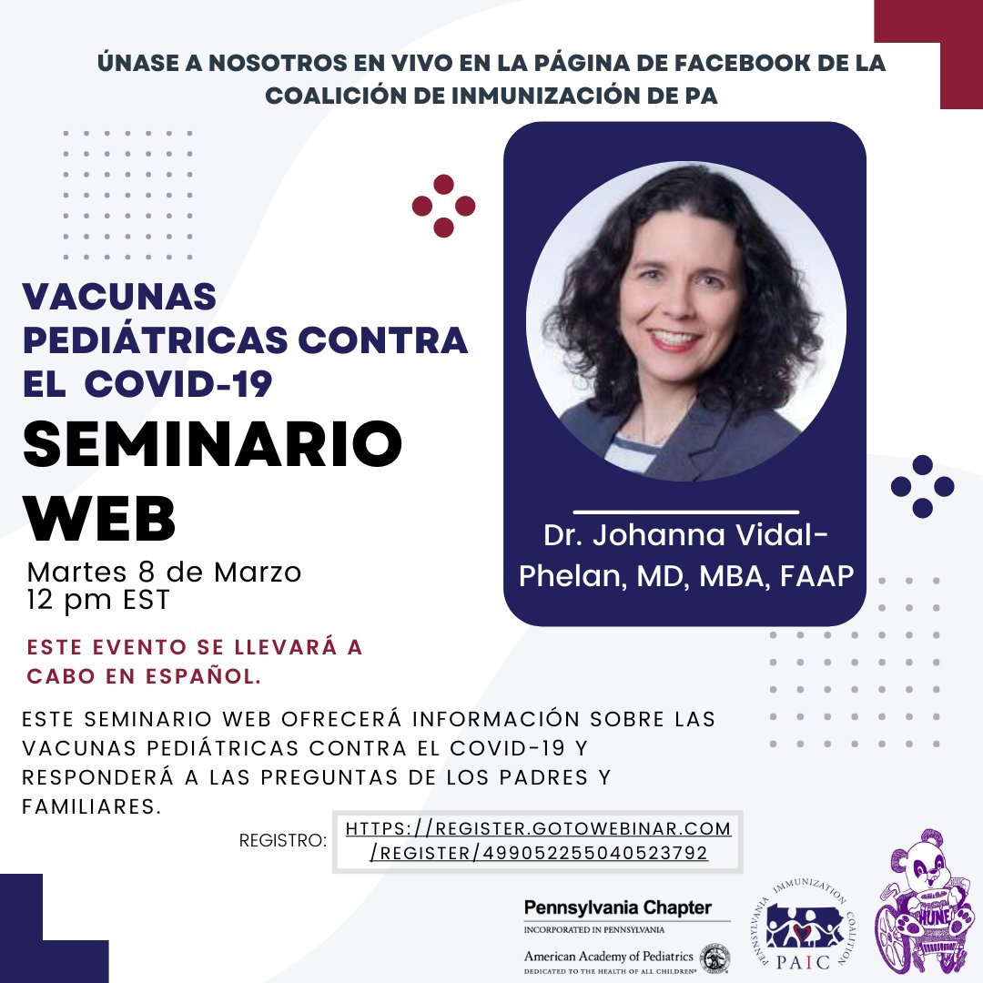 Tomorrow, March 8th we will be hosting a collaborative FB Live event with HUNE on pediatric COVID-19 vaccines from 12-1 pm EST. This event will be in Spanish.

To join, either tune in live on the PA Immunization Coalition Facebook page or register at: register.gotowebinar.com/register/49905…