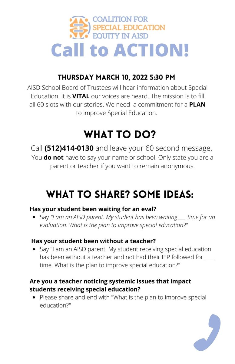 CSEEAISD's tweet photo. Call to Action - the AISD School Board will hear information about Special Education. Please call and leave a message asking for a PLAN to improve special education. https://t.co/ILNB0k8QDm