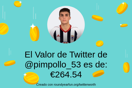 pimpollo_53's tweet photo. Mi valor en Twitter es de: €264.54

Encuentra el tuyo(a) con https://t.co/3hgUyoTxAR

⠀ https://t.co/hCamdPZrN8
