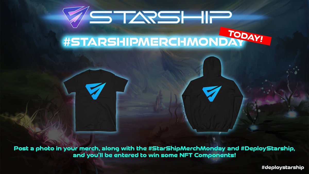 DeployStarShip's tweet photo. Today is #StarShipMerchMonday!
Post a picture in your #DeployStarShip merch, and you'll be entered to win some NFTs!
Join in on #StarShipMerchMonday, and grab some StarShip Merch: https://t.co/nHkm9wpWEM
#DeployStarShip #StarShipNFT #GameFi #PlayToEarn https://t.co/QfxC0p46GN