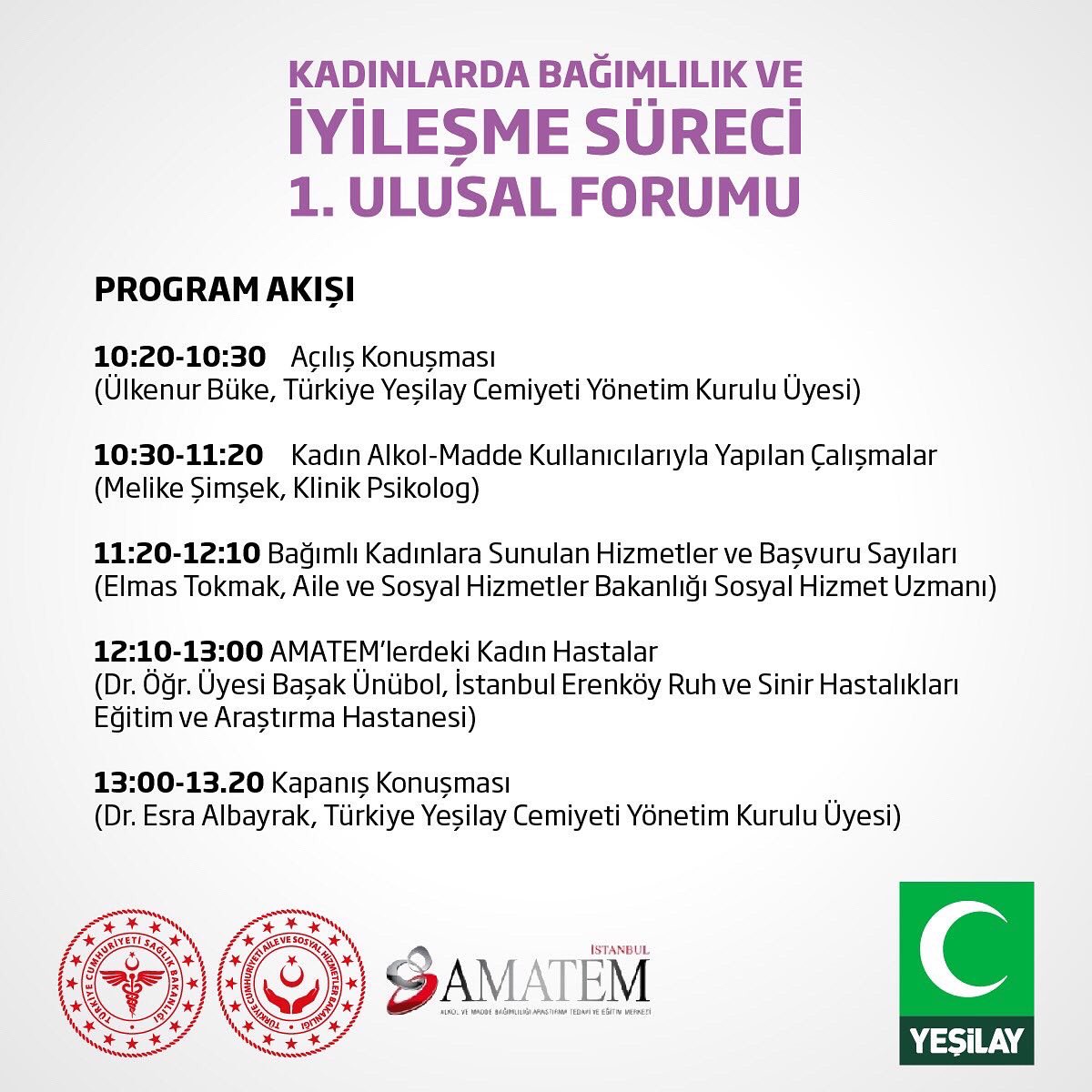 “Kadınlarda Bağımlılık ve İyileşme Süreci 1. Ulusal Forumu”
T.C. Aile ve Sosyal Hizmetler Bakanlığı ve AMATEM iş birliği ile düzenlediğimiz forumda; "Kadınlarda Bağımlılık ve İyileşme Süreci" konusunu inceleyeceğiz.