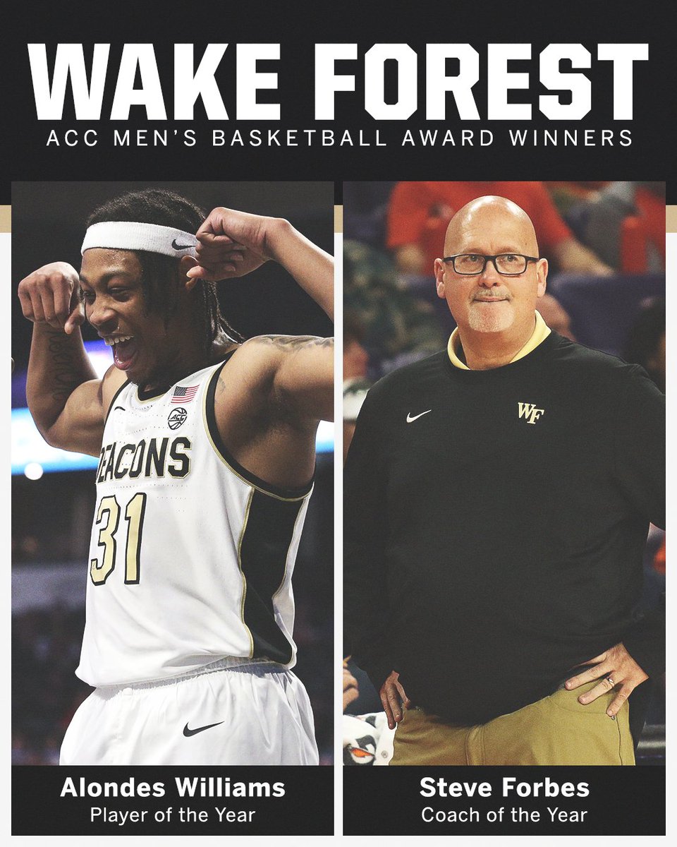 accnetwork's tweet photo. ACC MBB Player of the Year: @moneymanman31 🎩

ACC MBB Coach of the Year: @ForbesWakeHoops 🎩

@WakeMBB 📈📈📈 https://t.co/CKz7BjbCyD