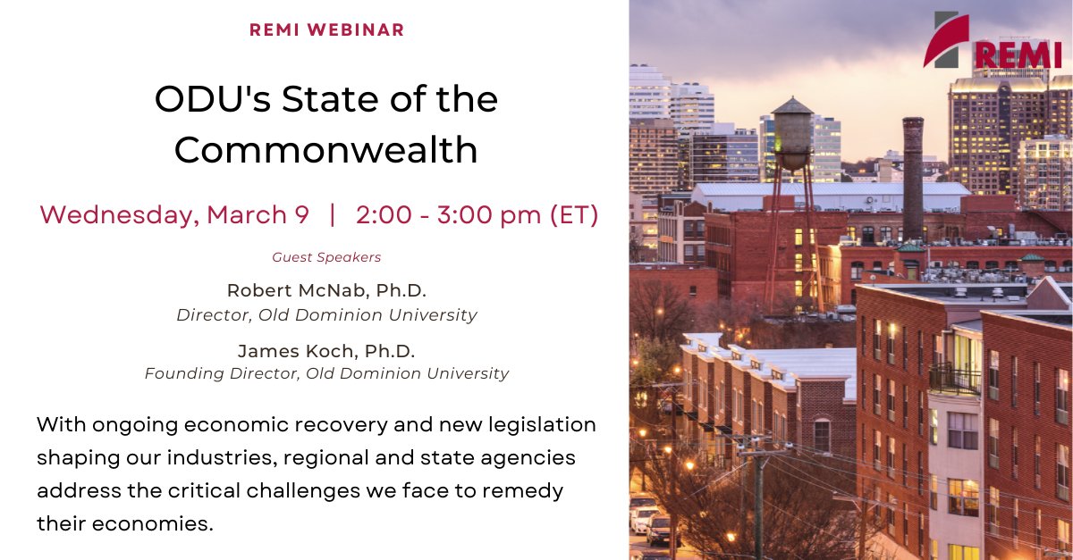 Join REMI and guests on March 9 2-3 pm (EST) to discuss the ongoing economic recovery and new legislation shaping our industries, regional and state agencies address the critical challenges we face to remedy their economies.

Register: remi.com/event/state-of…