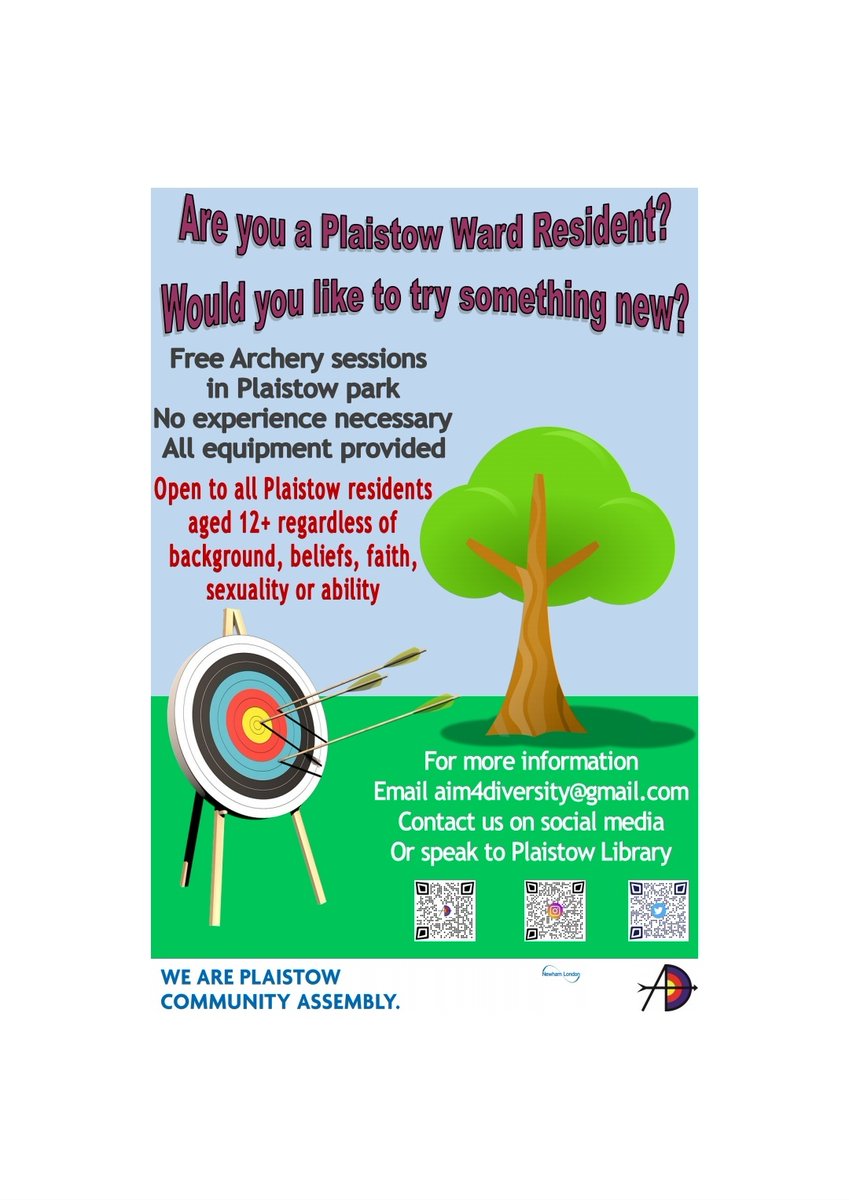 NewhamLondon's tweet photo. Have you ever wanted to have a go at archery? If you're a Plaistow resident, now you can, thanks to @Aim4Diversity. And if you're not a Plaistow resident but like the idea, why not propose something similar for one of our next #PeoplePowerProjects at a local Community Assembly? https://t.co/Elz24d0nu5