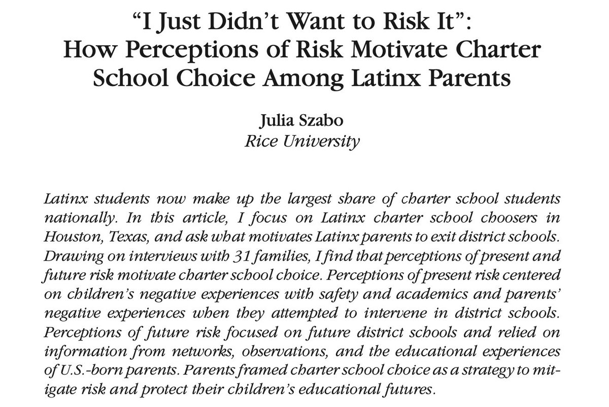 🗞️New pub from Rice Soc PhD student and @RiceKinderHERC researcher Julia Szabo (@juliaccszabo) in @aerj_journal 

Why are Latinx parents choosing charter schools? Often due to negative experiences and interactions in district schools. Read more here: doi.org/10.3102%2F0002…