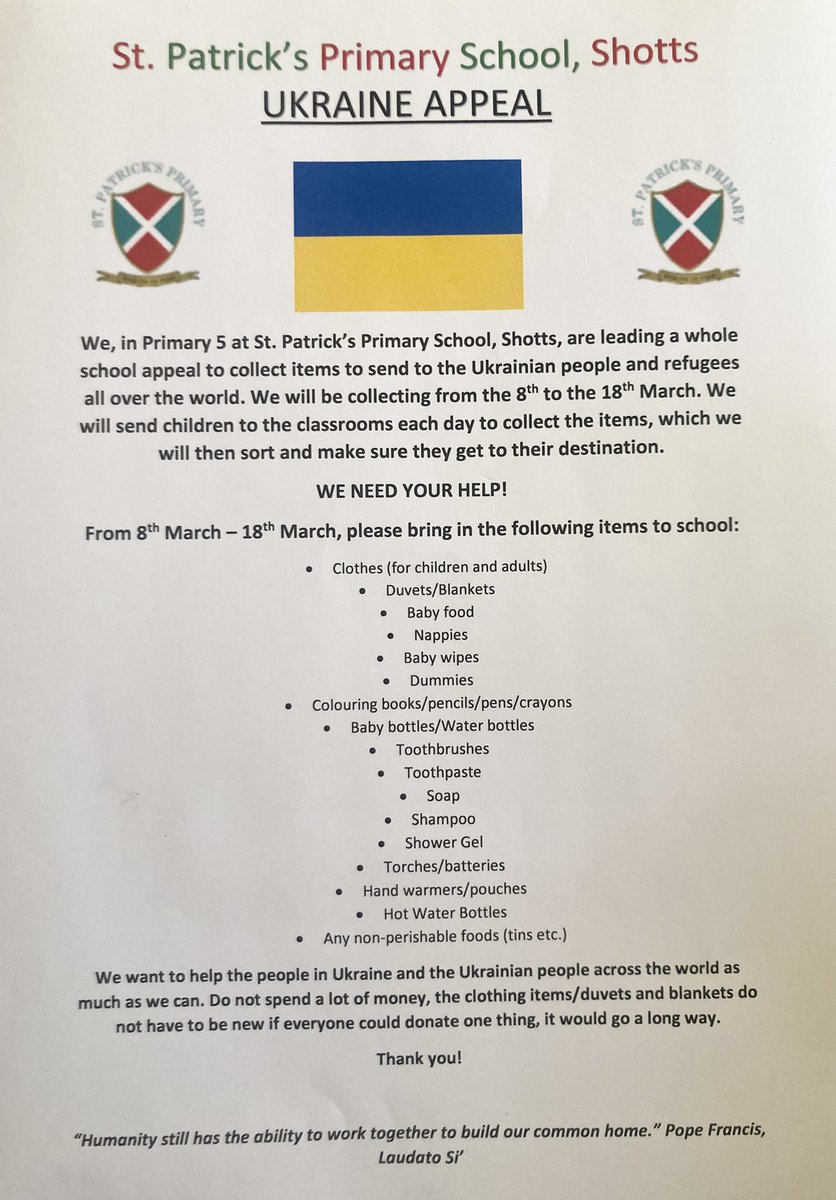 P5 are leading a whole school Ukraine Appeal. Please see the letter below to see what we are looking for. Donations can be sent from tomorrow until Friday 18th March with your child. Many thanks for your support in advance. Mrs Barnes, Mrs Mathieson &amp; P5.