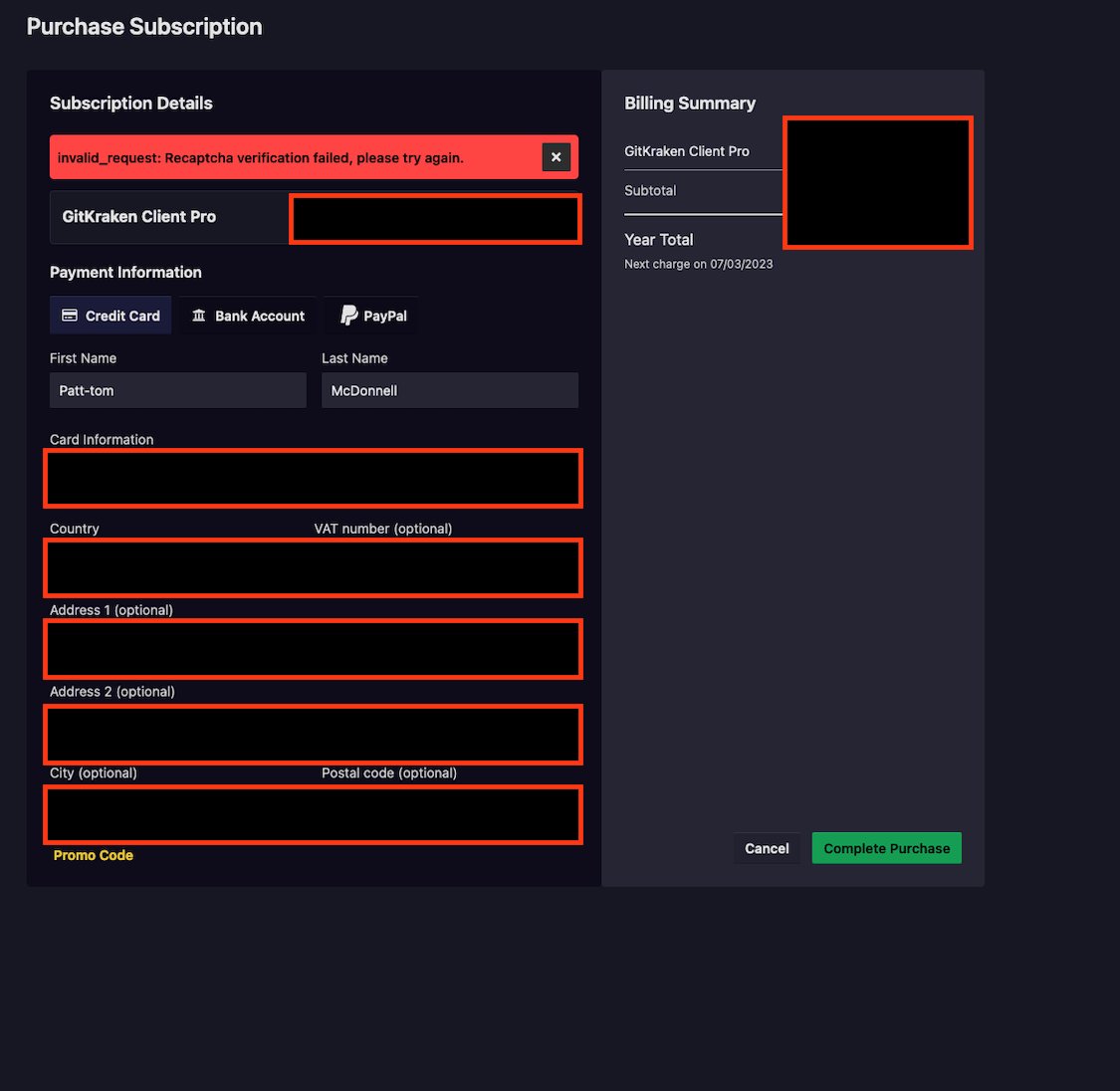 pthm_'s tweet photo. @GitKraken tried purchasing a pro license for some team members, checkout is giving me an error about a recaptcha, except there isnt one https://t.co/CYOPKX3C7Z