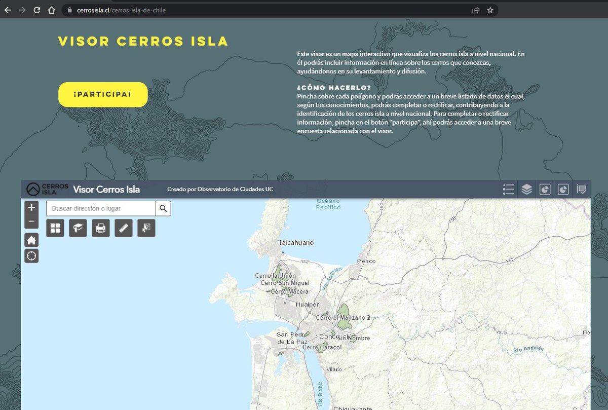 En cerrosisla.cl/cerros-isla-de… están disponibles dos elementos que esperamos sirvan para la planificación ecológica en ciudades de Chile: 
1- Atlas nacional de cerros isla 
2- Visor de cerros isla 
Les invitamos a revisar y usar el material! 🌱
<a href="/StgoCerrosIsla/">Fundación Cerros Isla</a>  <a href="/ocuc_cl/">Observatorio de Ciudades UC</a> <a href="/CedeusChile/">Centro de Desarrollo Urbano Sustentable - CEDEUS</a>