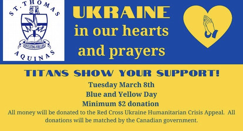 Happy Snow Day Titans! Don’t forget that tomorrow is blue and yellow day to show support for Ukraine! Minimum $2 donation. 💛💙 #wearefamily <a href="/STA_SAC/">STA Student Council</a> <a href="/STA_CSS/">St. Thomas Aquinas</a>