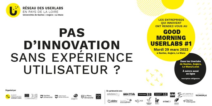 Halle6Ouest's tweet photo. ☀️#GoodMorningUserlabs : le 29 mars découvrez la place de l’expérience usager dans les démarches d'innovation grâce aux #Userlabs de @Halle6Ouest @NantesUniv , @UnivAngers & @LeMansUniv !
💡Table ronde en présentiel et en ligne, visites sur site
➡ Infos : https://t.co/esqkHGmWW3 https://t.co/tA2MUHehSk