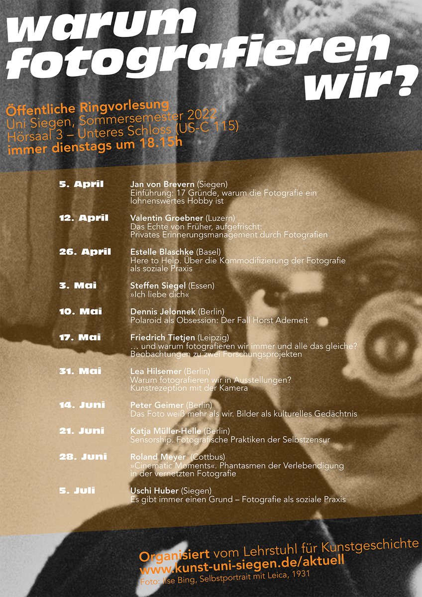 Tja, warum nur #fotografieren wir? Antworten werden im Lauf des kommenden Sommersemesters an der <a href="/UniSiegen/">Universität Siegen</a> elfmal versucht, organisiert von Jan von Brevern und unter anderem mit <a href="/kam_helle/">Katja Müller-Helle</a>, <a href="/bildoperationen/">Roland Meyer is @bildoperationen.bsky.social</a> und mir selbst (in einer öffentlich vertretbaren amourösen Verfassung).