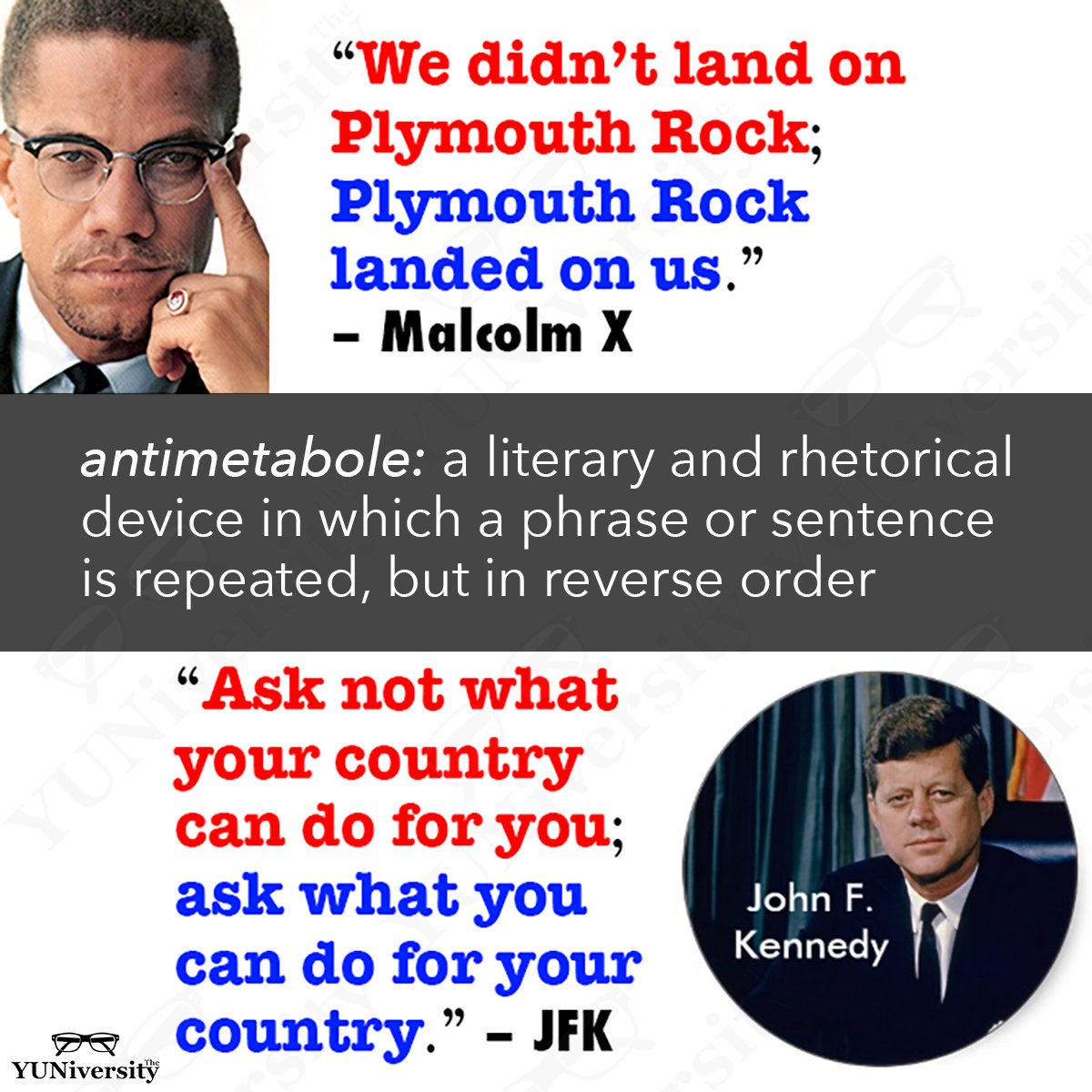 The_YUNiversity's tweet image. Antimetabole → a phrase or sentence repeated, but in reverse order: “Eat to live, not live to eat.”

#literaryterm #rhetoricaldevice #APLanguage