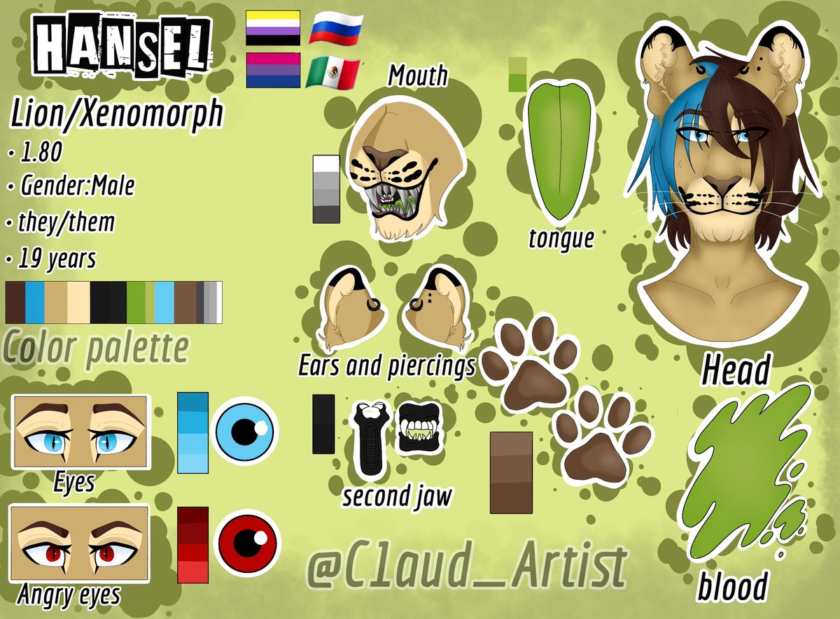 C1aud_Artis4's tweet photo. NEW fursona reference sheet!!🦁👽
He is Hansel, a hybrid of (African lion / Xenomorph)
#refsheetfurry #furryreferencesheet #furryoc #furryart #furryfandom #furryartist #furries #furrylion #furry https://t.co/g1dmUpN8dc