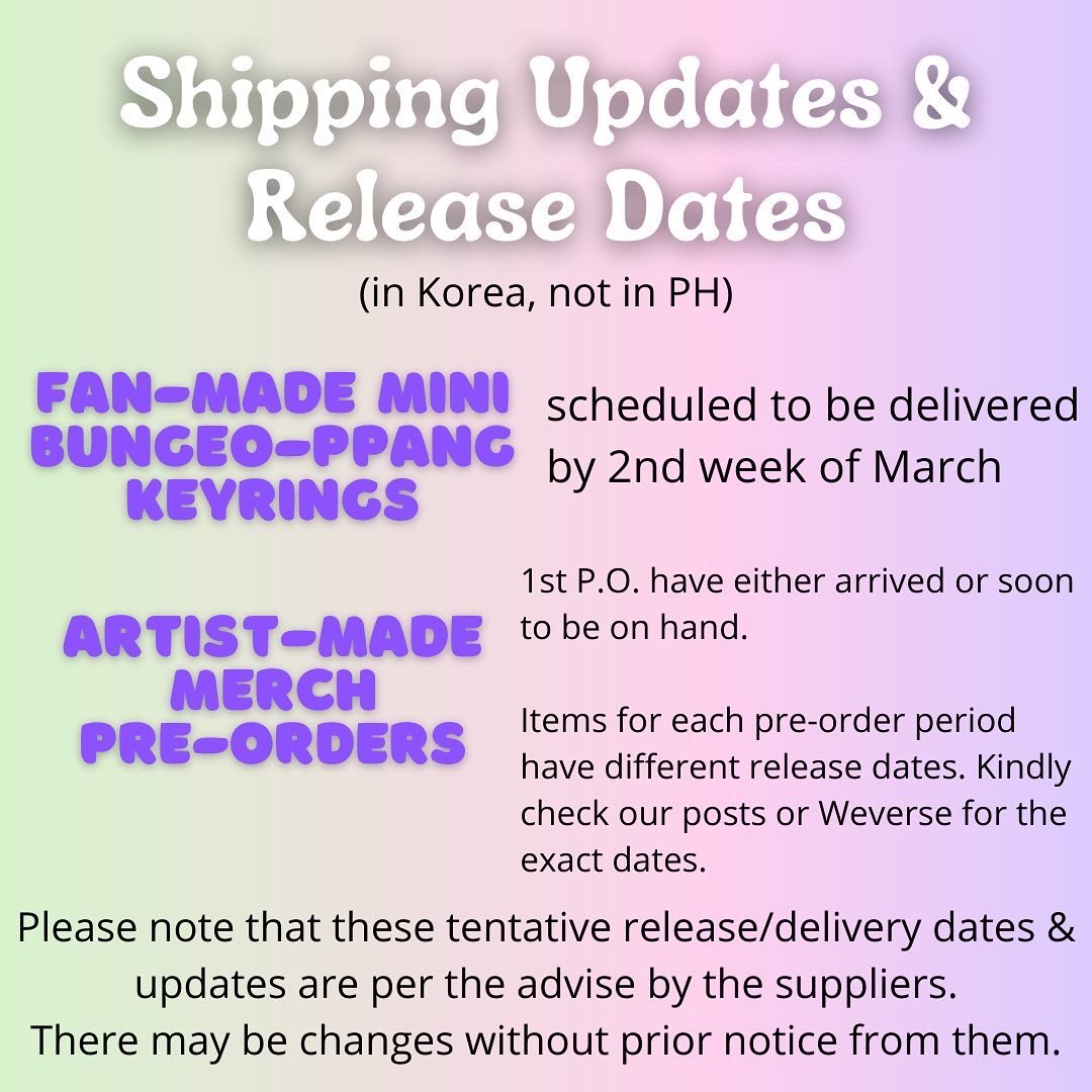 TheAhjummaShop's tweet photo. 🚚Shipping Updates & Release Dates🚚
These are the current tentative release/delivery dates in Korea.
Please read everything.
Kindly also note:
📍Batch 1 & Batch 2 of DICON 101 Photocard Custom Books are now in transit to PH!
++
#TASUpdates https://t.co/ySgp5EquO8