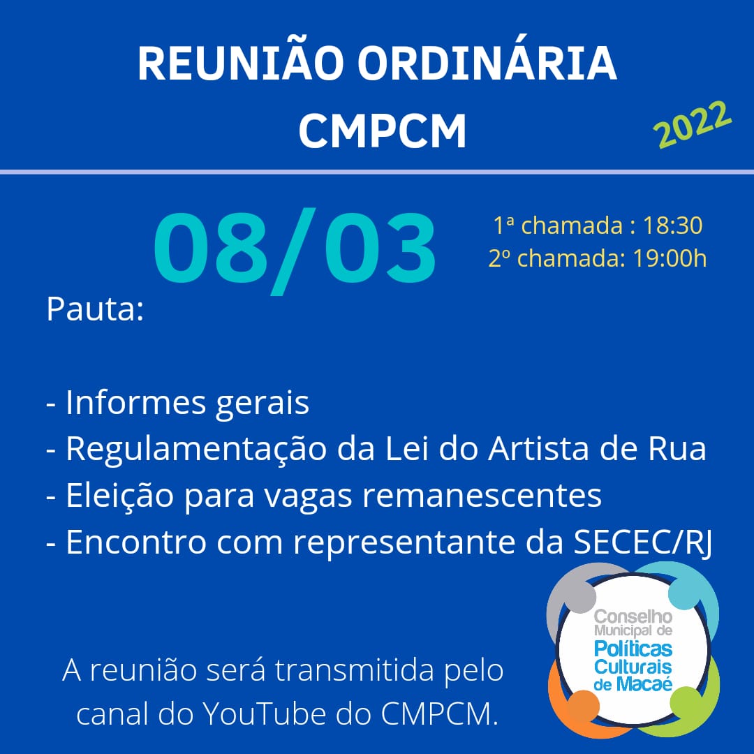 cmpcmacae's tweet photo. 💡A partir das 18h30 desta terça (dia 08/03), teremos mais uma sessão ordinária deste @cmpcmacae. Esta reunião conta com 4 itens de pauta, todos muito importantes.  Acompanhem a transmissão pelo nosso Canal no YouTube e participem com comentários no chat. #CulturaMacaenseResiste https://t.co/rxJQaMtJae
