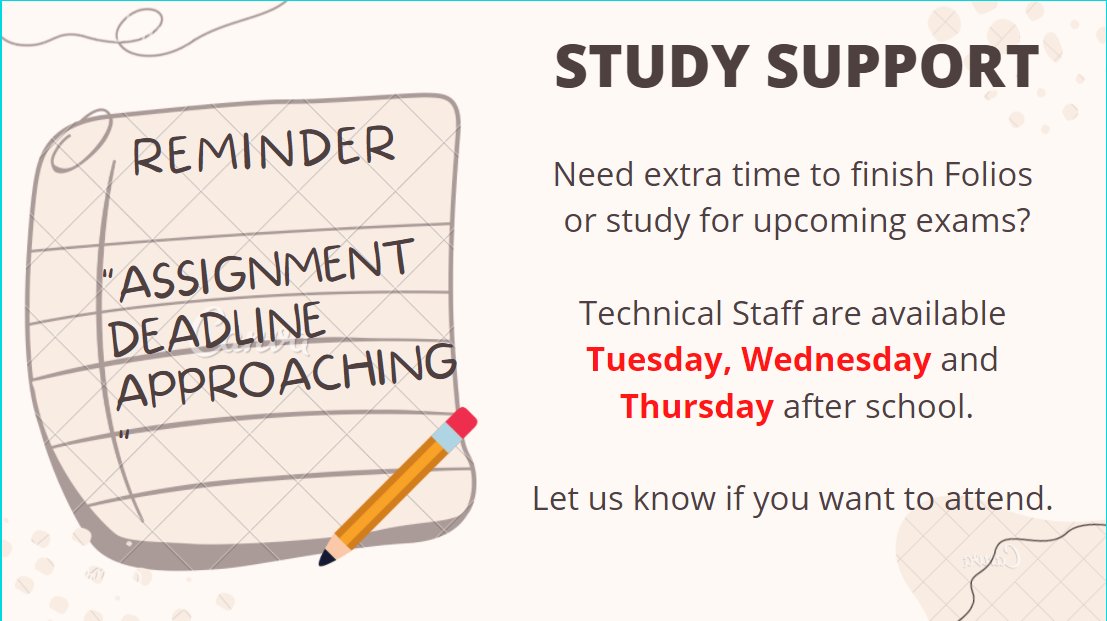 CarHighTech's tweet photo. STUDY SUPPORT: Available Tuesday, Wednesday, Thursday after school in ICT 1 and 2. Ideal for upcoming exam revision or completing final assignments. https://t.co/Re3Xk8ABAk