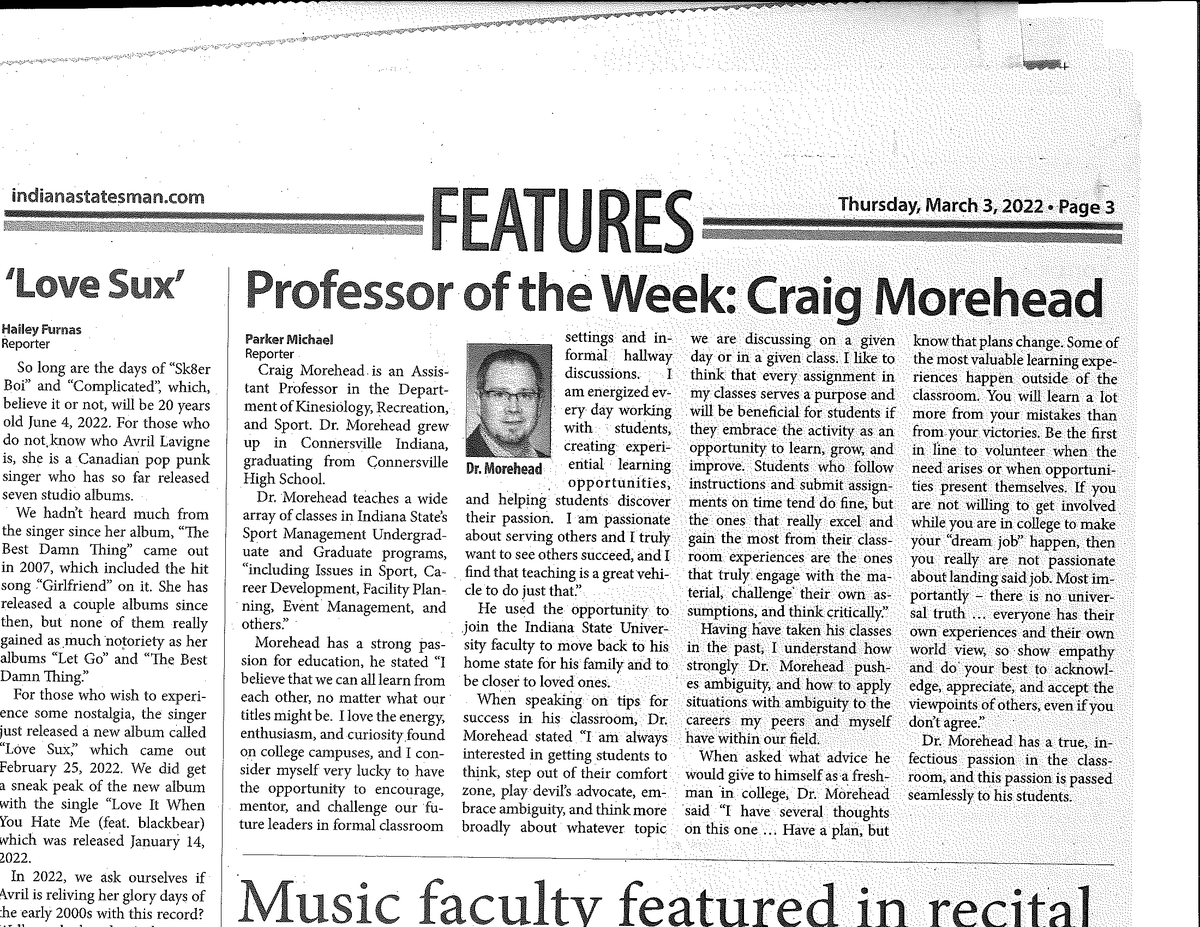 Did you read the Statesman last week? ISU Sport Management Professor Craig Morehead was featured as the Professor of the Week! Many thanks to the Statesman for highlighting Dr. Morehead, and the other wonderful faculty in ISU KRS and campus overall!