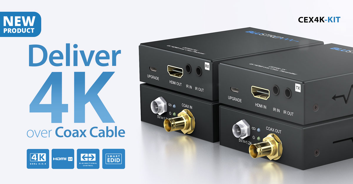 Blustream_HDBT's tweet photo. In stock - Our NEW CEX4K-KIT HDMI extender set delivers HDMI distribution over a single Coaxial cable. The product delivers 4K 60Hz 4:4:4 HDMI &amp; Bi-directional IR up to lengths of 100m. @Install_Mag @EILiveShow @CAILtd 
#4K #HDMI #coaxial #newproduct https://t.co/3kpdXzhjOx