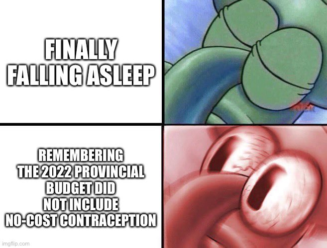 AccessBC's tweet photo. This #mememonday we’re turning to Squidward from Spongebob Squarepants to help explain how we’ve felt since the budget announcement.
Write to your MLA today at https://t.co/vsSM7yXJG6 #accessbc #contraception https://t.co/4xJEkYJjc0