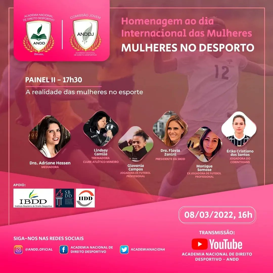AcademiaNacion4's tweet photo. Amanhã, dia 8 de março, a ANDD em parceria com o SBDD, IIDD e IBDD, homenageará o Dia Internacional da Mulher com a segunda edição do "𝙼𝚞𝚕𝚑𝚎𝚛𝚎𝚜 𝚗𝚘 𝙳𝚎𝚜𝚙𝚘𝚛𝚝𝚘".

17h30 - A realidade das mulheres no esporte.

Esperamos vocês 😉
#andd_brasil #anddj #andd https://t.co/vOCXqp2v4L