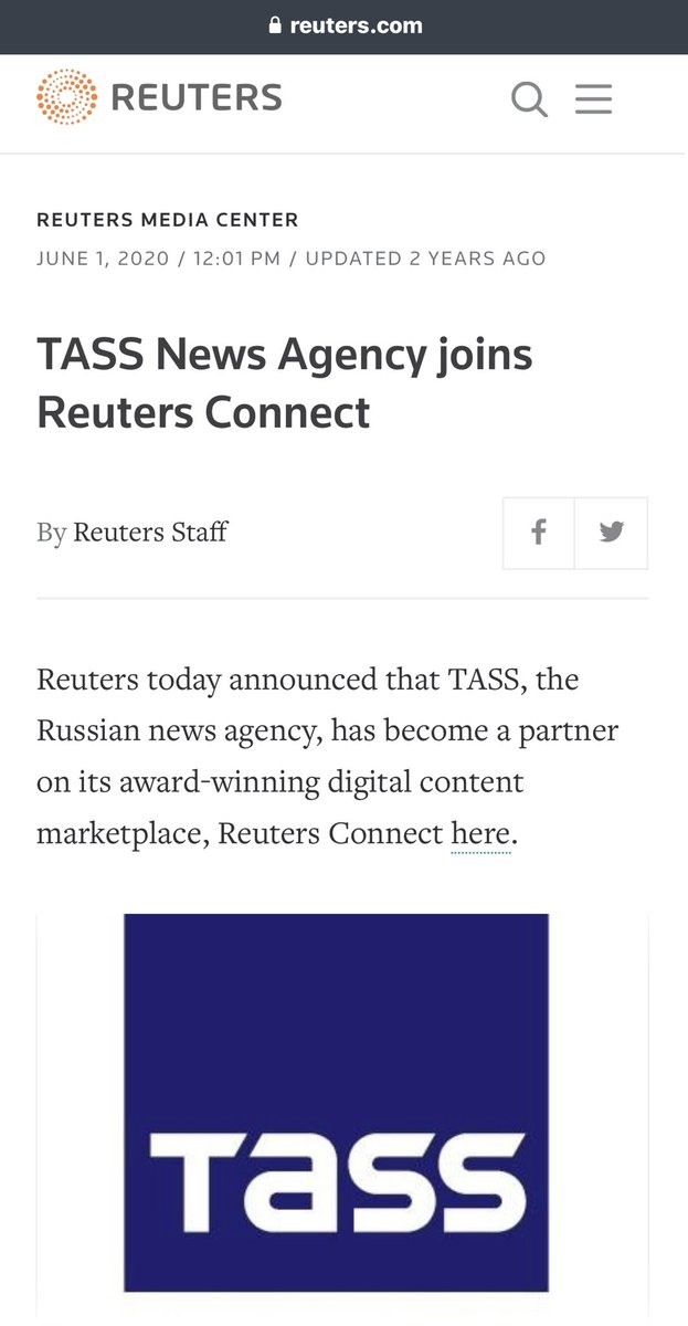 riikka_kevo's tweet photo. Do you think @Reuters #WARnews to be biased to 🇷🇺 or not? #TASS, #Russia’s biggest news agency is it’s big partner.
I assume and require Reuters to be objective in Russia’s #AttackWAR-communication, OR otherwise, this may be my last time to share your online-news, ever.
🤔 https://t.co/AyMAdRHoZS