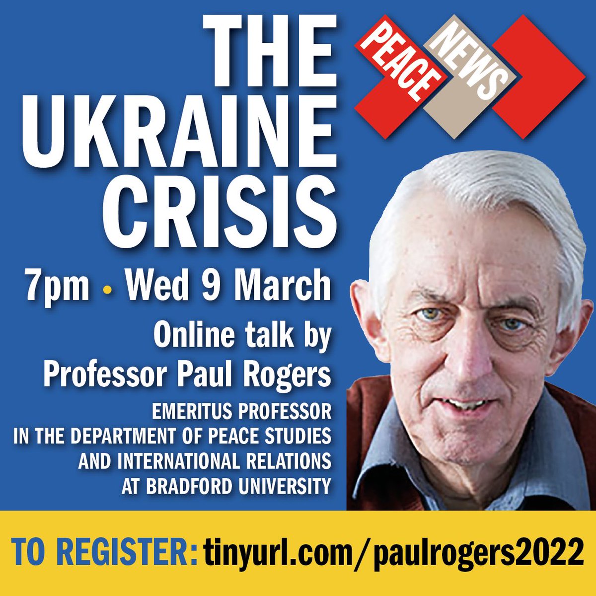 <a href="/CND_Merseyside/">Merseyside CND</a> Don't miss the opportunity to hear <a href="/ProfPRogers/">Paul Rogers</a> on the Ukraine crisis this Wed (9 Mar) at 7pm (GMT). Register now here for this Zoom event: tinyurl.com/paulrogers2022