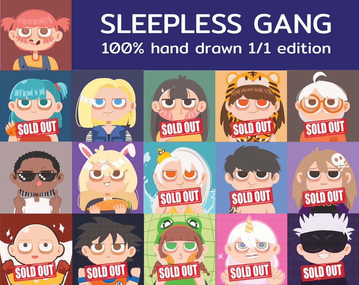 SLEEPLESS GANG !
Hurry up come join our gang! only 4 pieces left !!! 
Thanks to <a href="/Memofrogwell/">Frogwell 🐸</a>  for collecting 15 pieces. i'm very appreciate for your support 🥰
Thanks to everyone who collecting my work too

Paras : paras.id/collection/sle…
