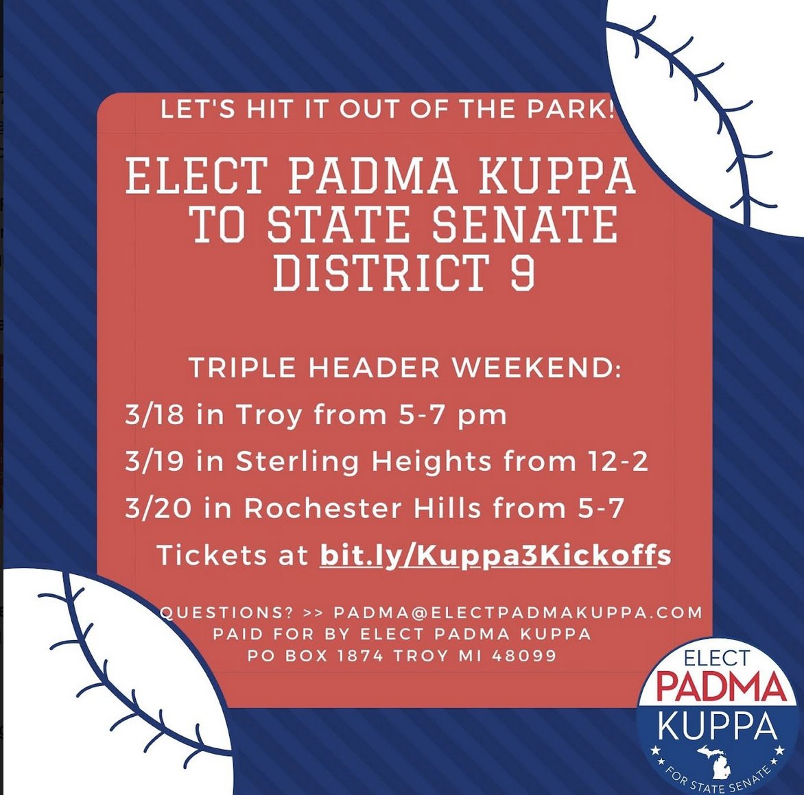 VotePadmaKuppa's tweet photo. 🚨 **CAMPAIGN NEWS!! 🚨
Please join us at one of the following events:
Friday 3/18  5-7pm @ Niles Barnard House Troy Historical Village
Saturday 3/19 12-3pm @ Sahara Restaurant in Sterling Heights
Sunday 3/20 5-7 @ Rochester Mills Brewery in Rochester

https://t.co/qLOEHDIaX1 https://t.co/ggrfGFA2xf