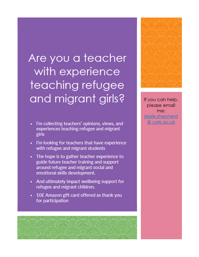 JriShepherd's tweet image. Trying to find primary teachers in the UK with experience teaching refugee and migrant girls who are open to being interviewed! My research is about refugee and migrant wellbeing, and one way I can positively contribute to what&apos;s happening. #RefugeesWelcome #edutwitter #phdvoice