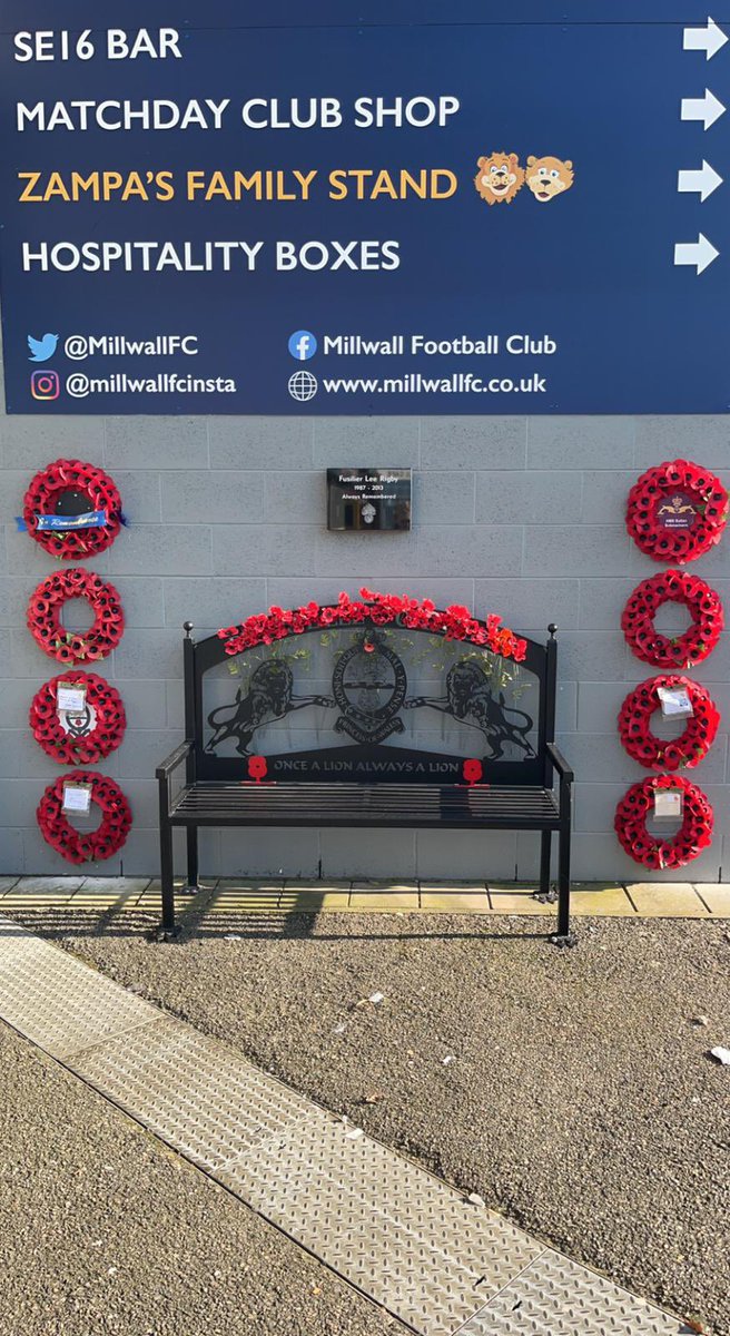 dannyocallaghan's tweet photo. It’s not just what they do on the pitch, it’s the things they do off the pitch that make @MillwallFC one of the greatest clubs in the country! Fitting wreath holders to the wall to make my brother’s memorial bench look absolutely stunning! Great work everyone! 🦁 🦁🦁 https://t.co/0jjDqIGrwe