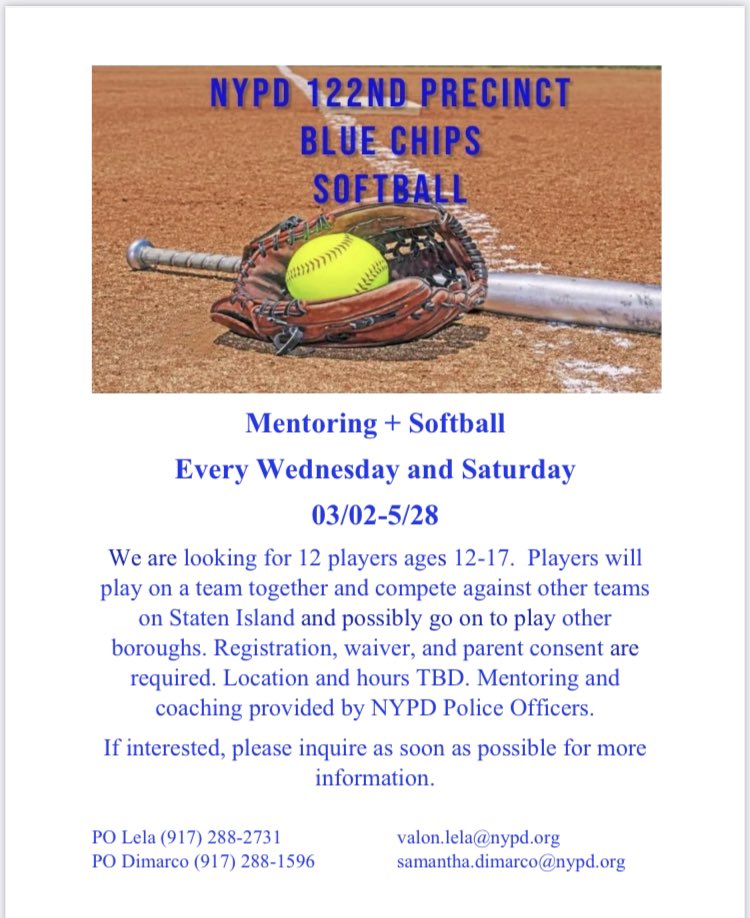 NYPD 122nd Precinct on Twitter "Blue Chips 🚔 Softball Team is looking