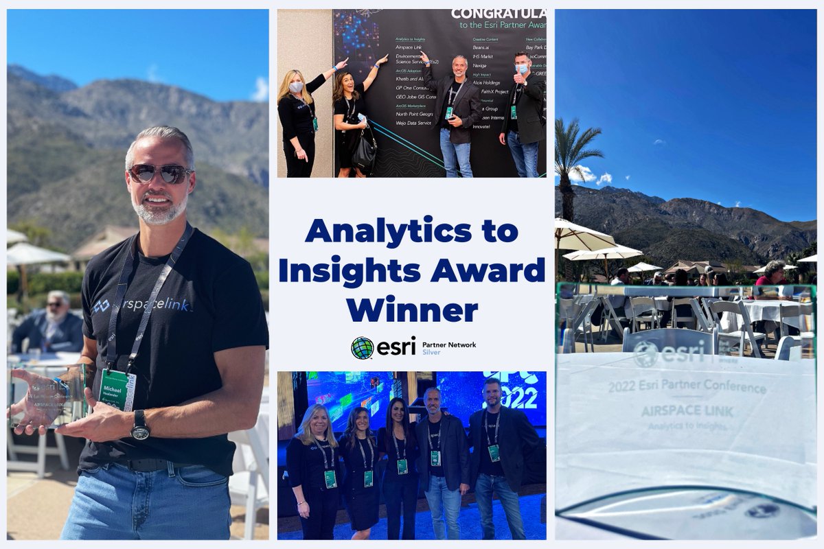 AirspaceLink's tweet photo. We couldn’t have been more excited to have received the Analytics to Insights Award from @Esri yesterday at the Esri Partner Conference.  

Read more in our latest release: https://t.co/zG59IBOROz

#EsriPartnerConference #EsriPartner #GIS #AwardWinning https://t.co/dsUpIYozpZ
