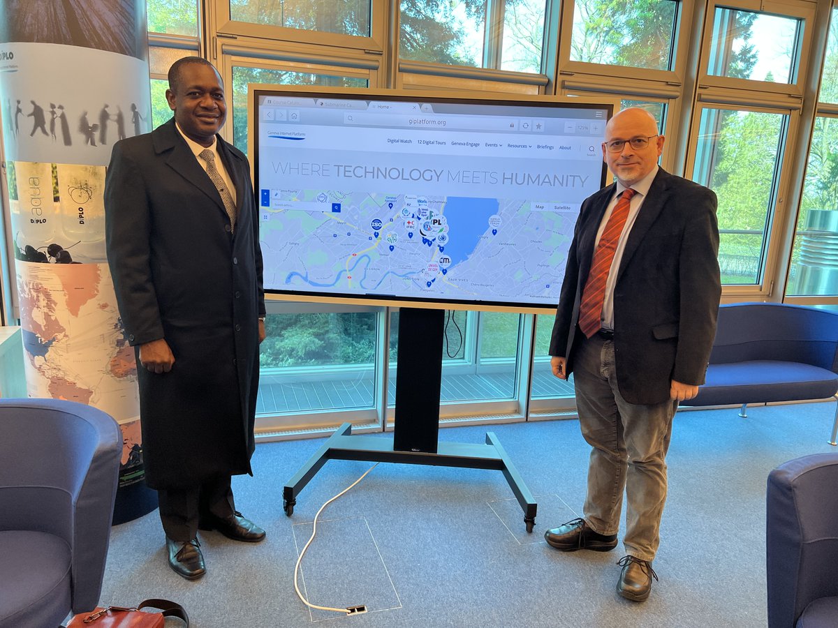 DiplomacyEdu's tweet photo. We thank the @MICTNamibia Minister @PeyaMushelenga for his visit at Diplo during his visit to #Geneva. 
Diplo's @jovankurbalija discussed the future cooperation on #DigitalPolicy and #CapacityBuilding, #cybersecurity and #ecommerce for Namibian diplomats.

#Namibia #diplomacy https://t.co/QI9x5KUwBn