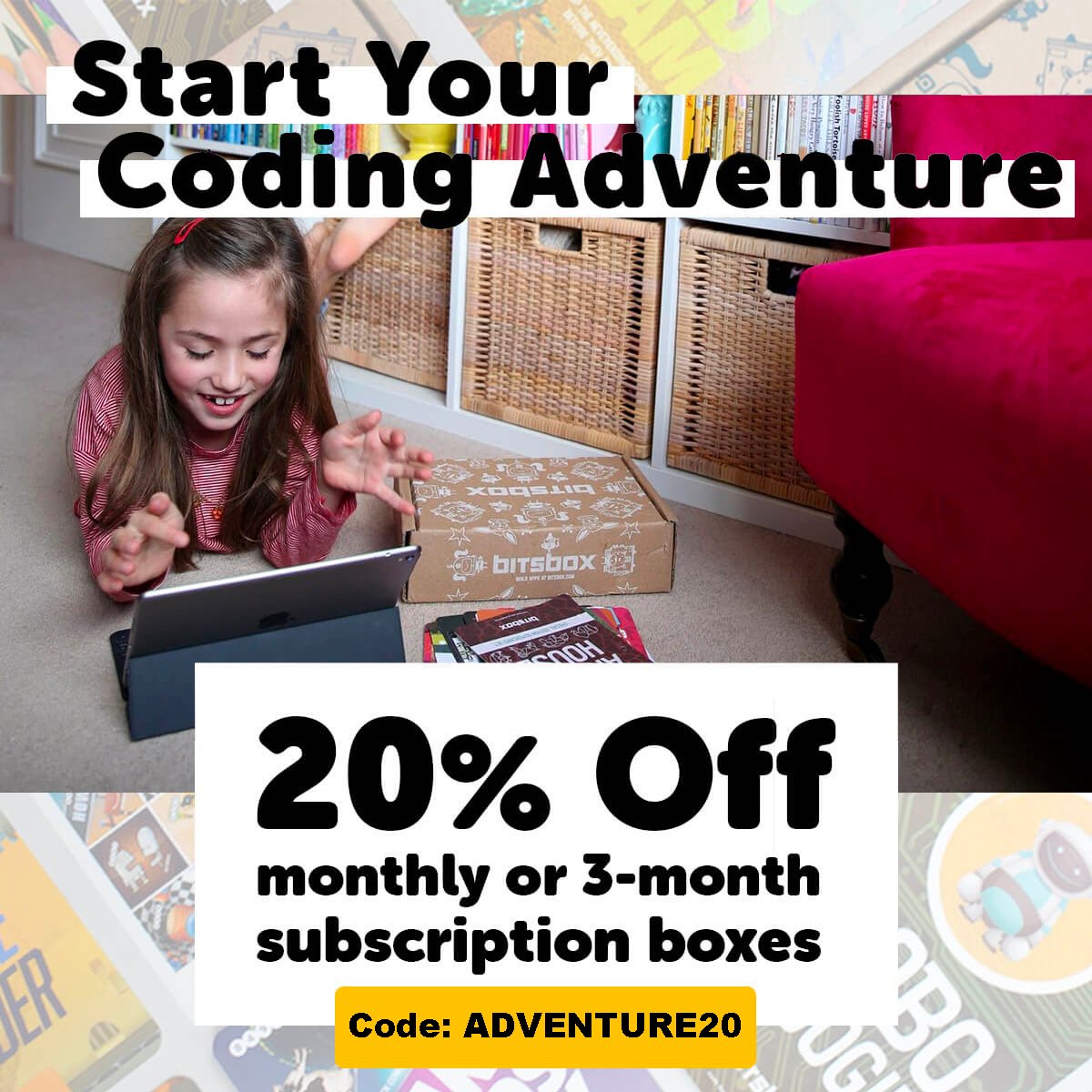 Get 20% off on all Monthy or 3-month subscription boxes now through March 13th with the code: ADVENTURE20!

subscribe.bitsbox.com

#codingforkids #codingisfun #learntocode #bitsbox