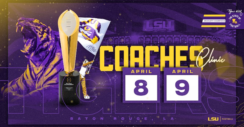 LSUfootball's tweet photo. Registration for the LSU Football Coaches Clinic featuring Bill Polian and our staff is now available!