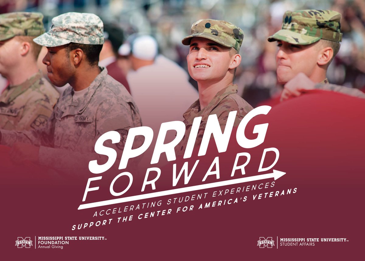 Help the Center for America’s Veterans #SpringForward! 
-
The Center for America’s Veterans Scholarship Fund provides assistance with financial needs that student veterans, service members, or dependents may have while attending MSU. 

Visit accelerate.msstate.edu to give today!