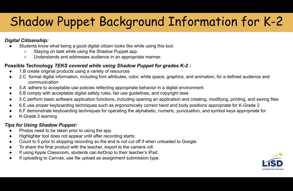 jsolnekfrazier's tweet photo. Ss in K w. @MisshamblinSk use #ShadowPuppetEdu to talk about their weather observations and data. Shadow Puppet allows for photos, text, music, audio recordings and a fun pointer to emphasize our points! Check out Tech TEKS ⬇️ #DigitalLISD #HVEproud @HebronValleyES https://t.co/rRnlQHRl5a