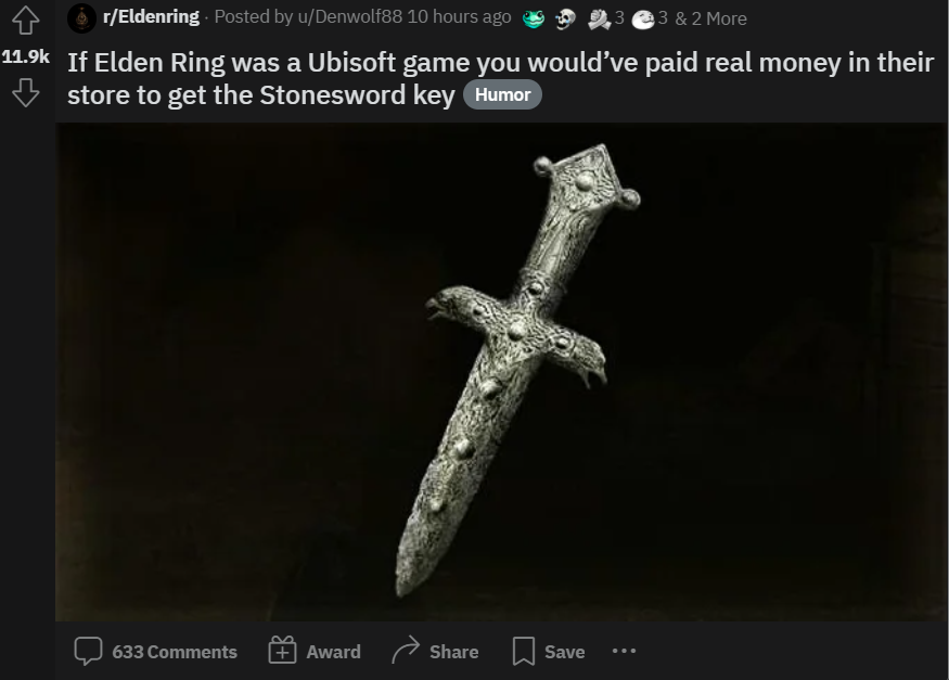 JezCorden's tweet photo. In what is becoming a bit of a PR disaster for Ubisoft, Elden Ring fans are increasingly comparing the game to Ubisoft's open-world designs and MTX practices. 

Increasingly it feels like Ubi needs to have a rethink on its entire creative process.

via: https://t.co/IWqbtNerkS https://t.co/R0RXzHsuaT
