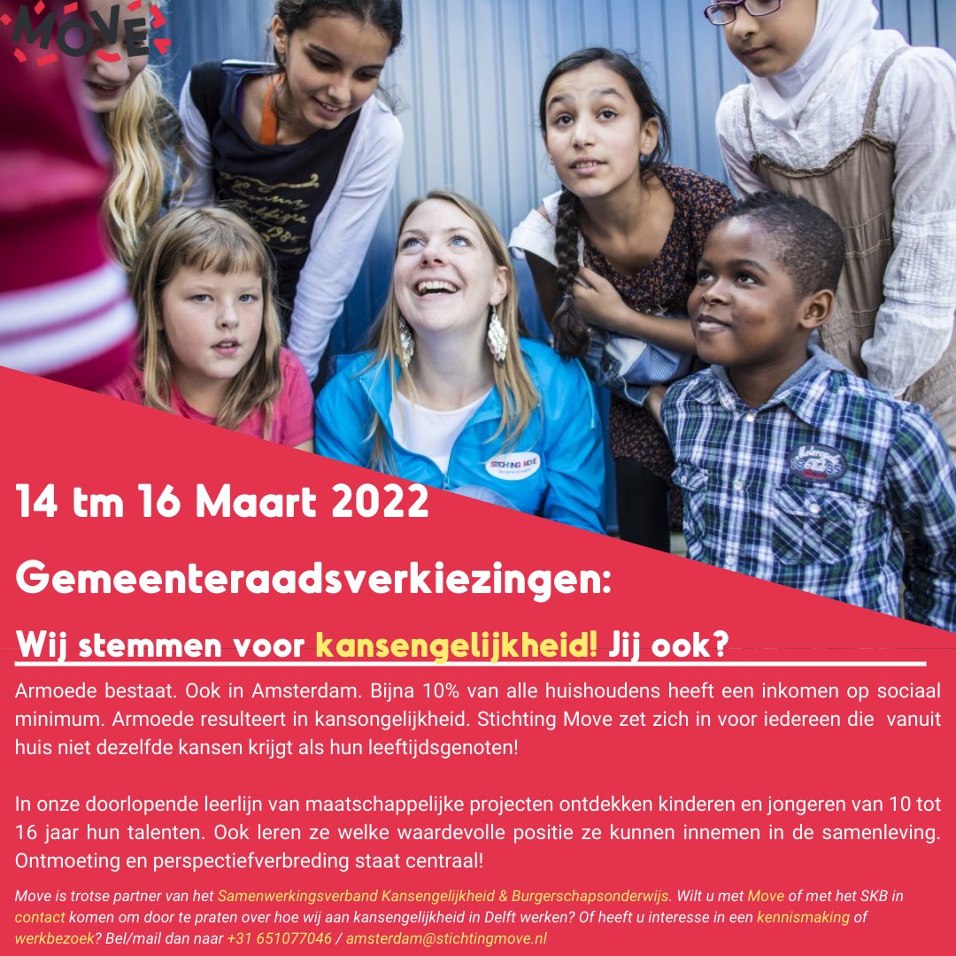 stmoveamsterdam's tweet photo. Van 14 tot 16 maart gaan we naar de stembus voor de #gemeenteraadsverkiezingen2022! Wij stemmen voor #kansengelijkheid! Jij ook? #stichtingmove #STEM https://t.co/S0RGcduKvE