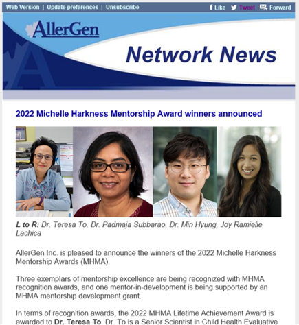 Congrats to our CRRN colleagues: Drs Teresa To, Padmaja Subbarao and Min Hyung for receiving the 2022 Michelle Harkness Mentorship Awards @CTS_SCT @AllerGen_Inc @LungHealthFdn @CIHR_ICRH @AsthmaCanada @OASIS_Ontario @ONThealth @ICESOntario @SickKidsNews createsend.com/t/i-3EEDEF7770…