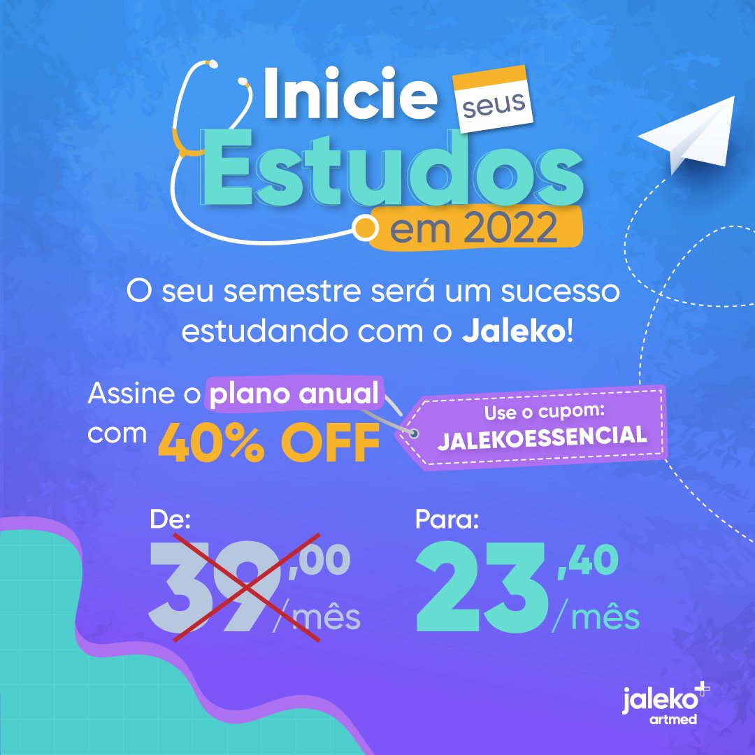 JalekoAcad's tweet photo. Estudar medicina pode ser difícil, mas não precisa ser assim!😍

📣 Assine o Jaleko com 40% OFF usando o cupom JALEKOESSENCIAL e torne o seu semestre mais tranquilo através dos nossos cursos, videoaulas, materiais de estudo e benefícios exclusivos! 💜

👉 https://t.co/eGZGiWCjok https://t.co/NYXyFqmESS